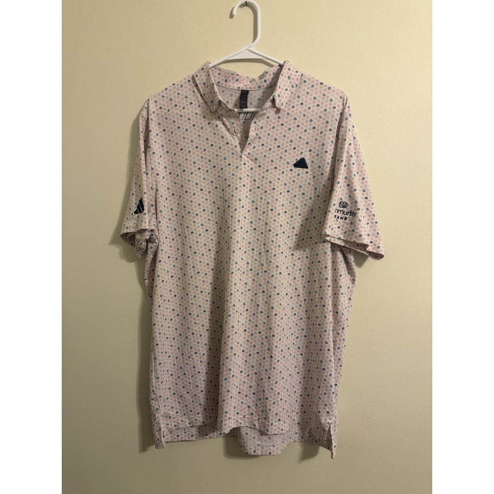 Adidas Golf Polo Shirt Mens LARGE Pink All Over Peach Performance Stretch